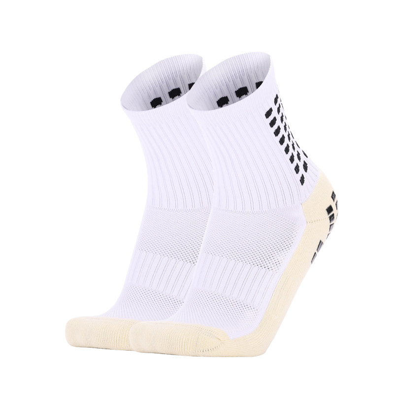 Meias atléticas antiderrapantes de alto desempenho, de venda por atacado, com design azul e branco, para futebol