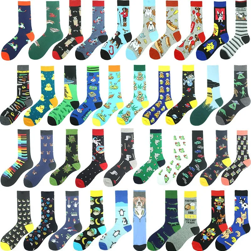 Meias de escritório masculinas personalizadas, coloridas e únicas para festivais, meias de algodão criativas e elegantes