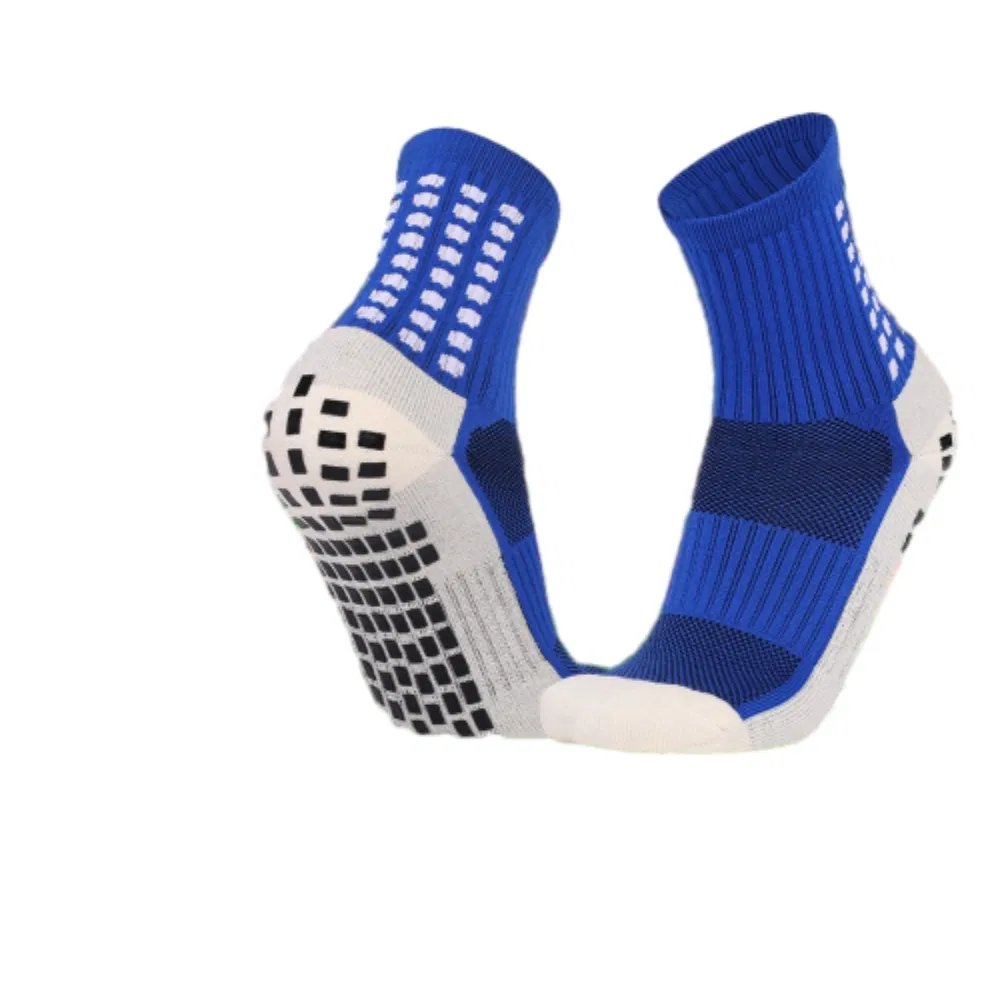 Meias atléticas antiderrapantes de alto desempenho, de venda por atacado, com design azul e branco, para futebol