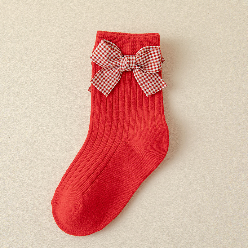 Meias de Natal de Algodão com Laço Vermelho para Crianças