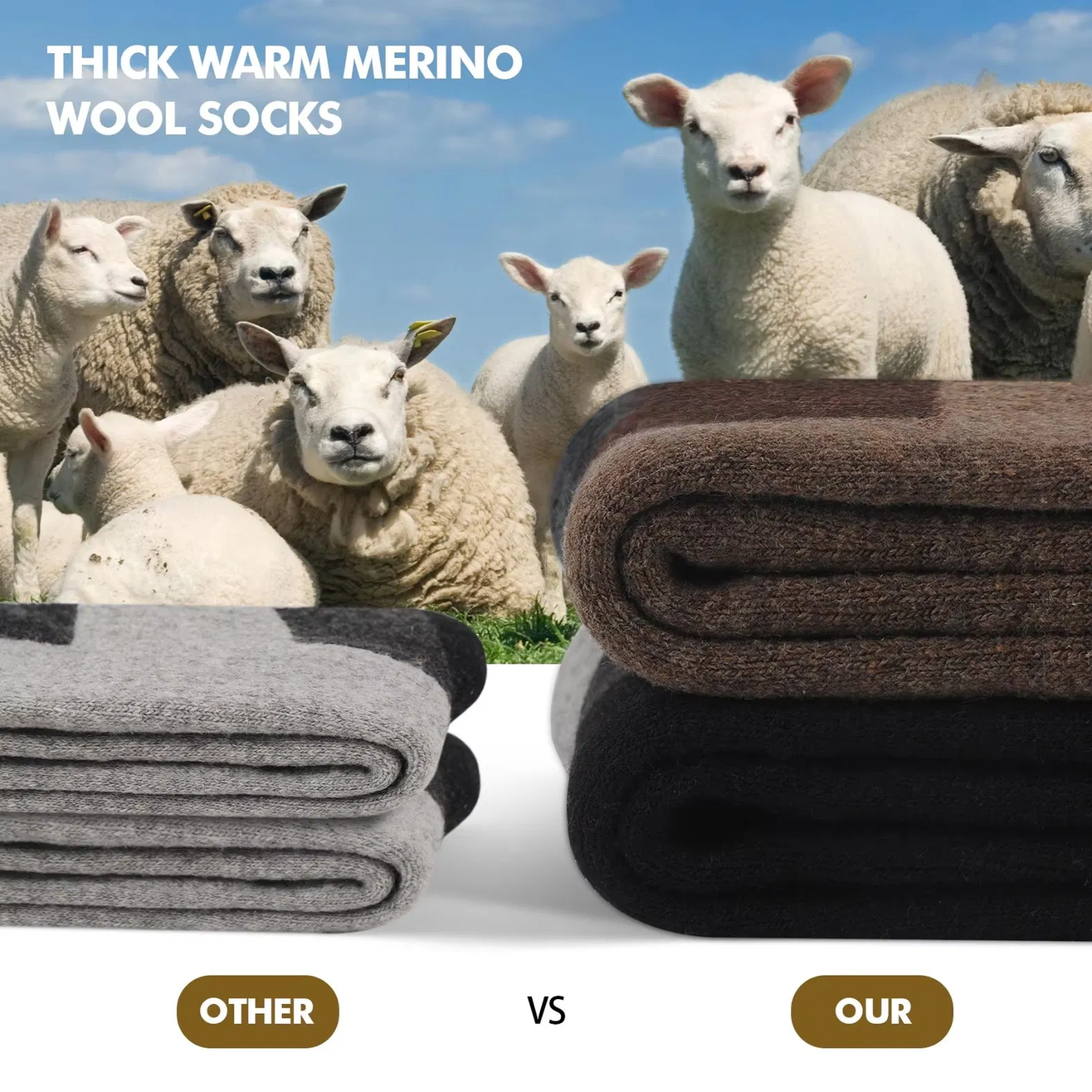 Meias térmicas de lã merino personalizadas, quentes para o inverno, grossas para caminhadas