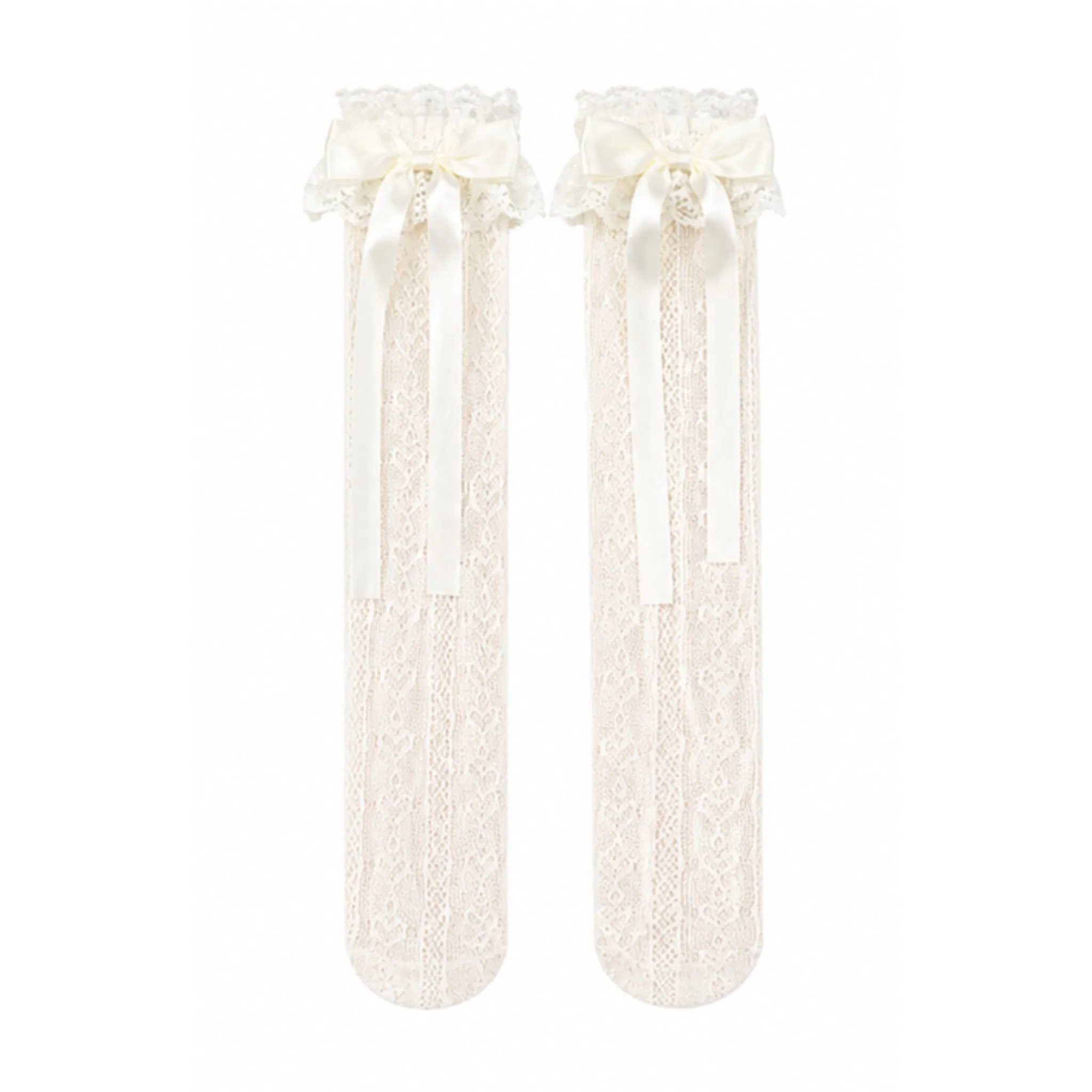 Meias de Crochê Brancas Altas com Renda e Laço de Cetim para Meninas, Meias de Princesa para Vestido, Disponíveis em Estoque e Personalizáveis