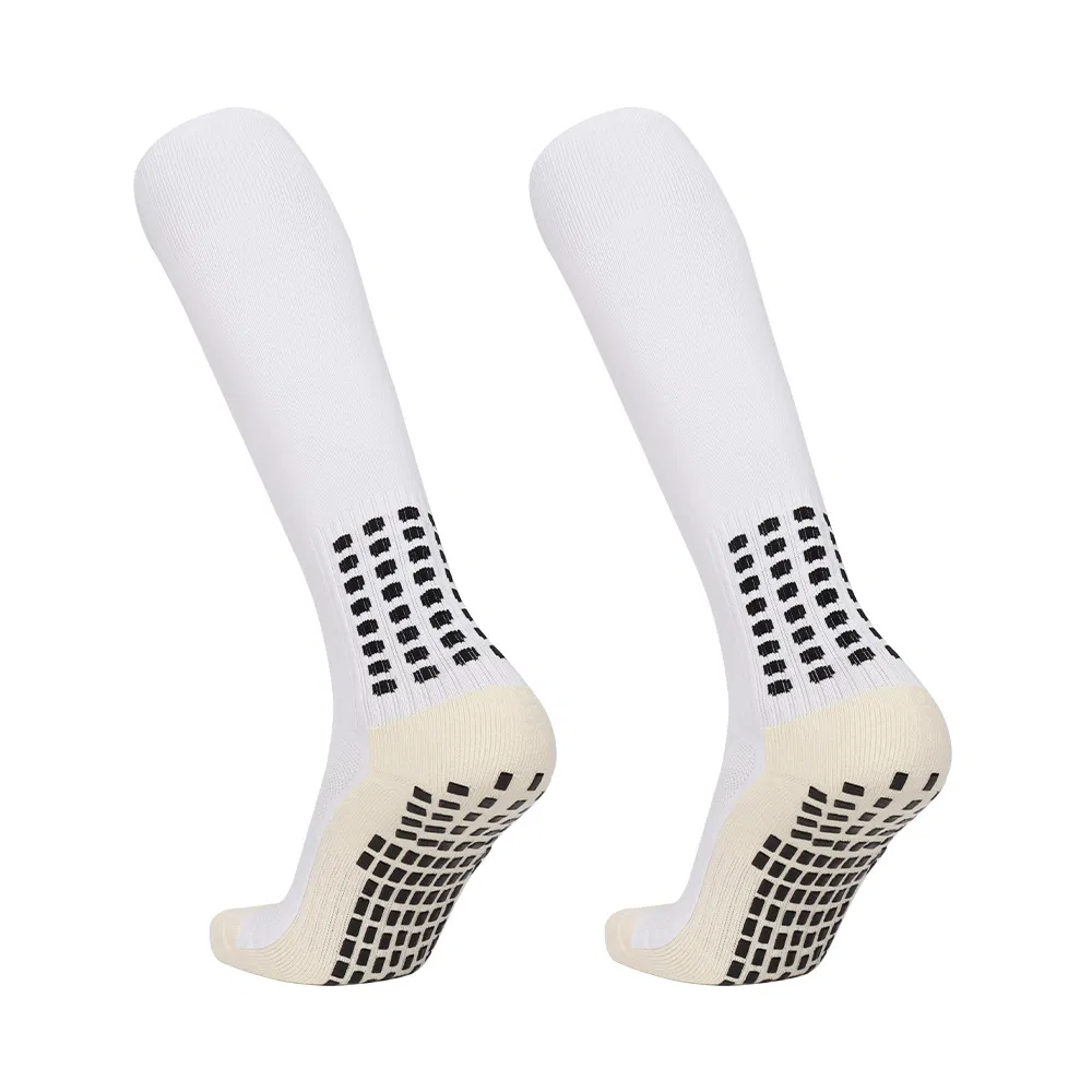 Meias atléticas antiderrapantes de alto desempenho, de venda por atacado, com design azul e branco, para futebol