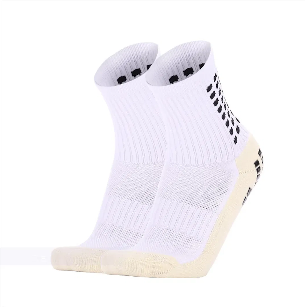 Meias atléticas antiderrapantes de alto desempenho, de venda por atacado, com design azul e branco, para futebol