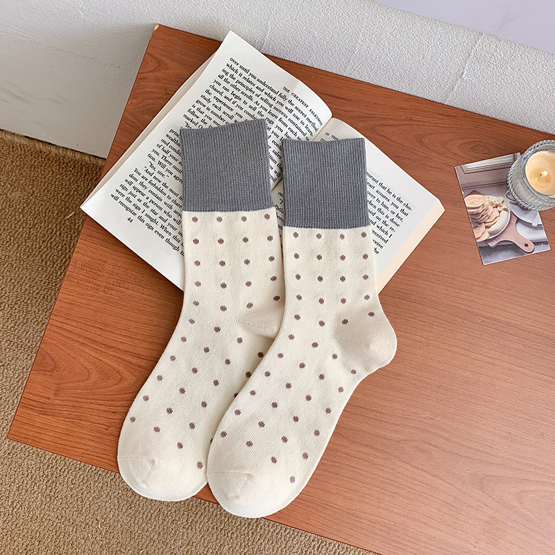 Meias Elegantes com Pequenos Pontos até o Meio da Panturrilha para Mulheres, Outono e Inverno, Novas Meias Personalizadas, Colisão de Cores Diárias, Retro, Estilo Coreano Mori
