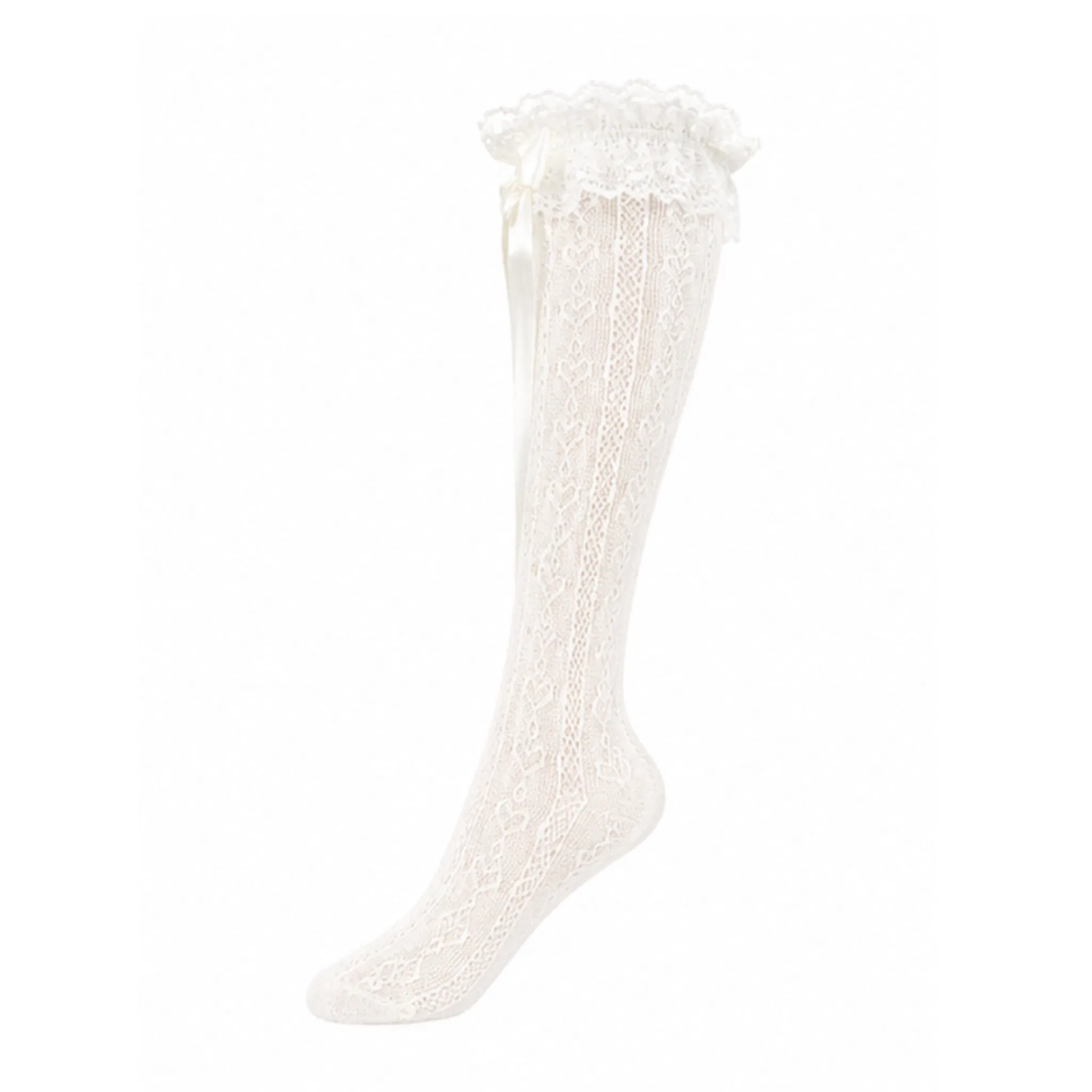 Meias de Crochê Brancas Altas com Renda e Laço de Cetim para Meninas, Meias de Princesa para Vestido, Disponíveis em Estoque e Personalizáveis