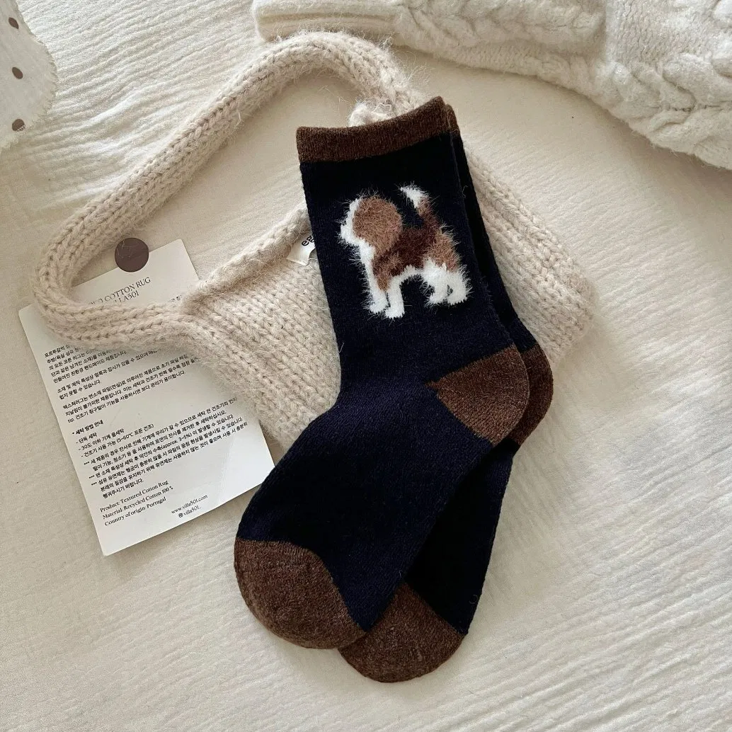 Meias de lã de ovelha tridimensionais de outono e inverno para cachorros, meias quentes femininas de pelúcia, meias empilhadas com cores contrastantes