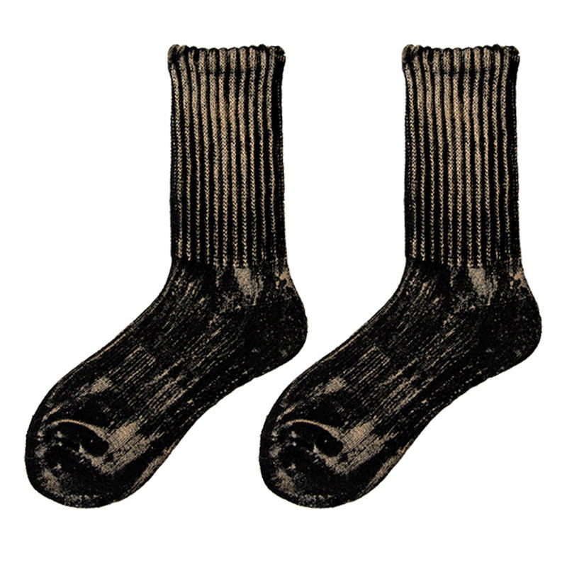 Meias de cano médio para mulheres em estilo pelúcia de outono e inverno, meias grossas de fio, moda desbotada e desgastada, meias de algodão tipo terry para homens