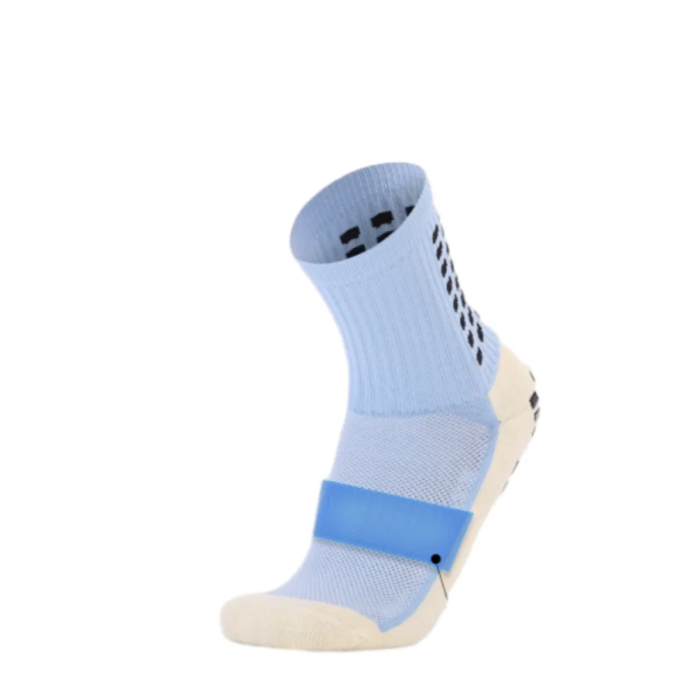 Meias atléticas antiderrapantes de alto desempenho, de venda por atacado, com design azul e branco, para futebol