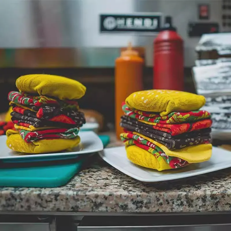 Meias de Algodão Fashion Hamburger em Caixa para Presentes, Meias Casuais para Casal