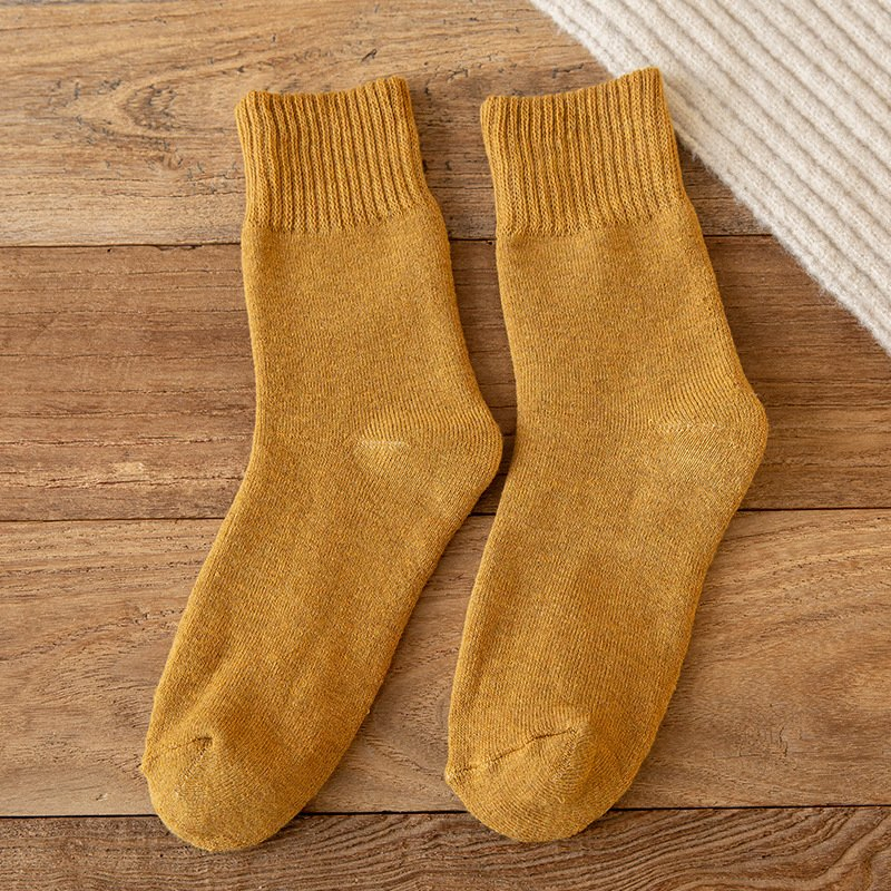 Meias de Algodão Femininas Quentes Reforçadas de Lã em Cores Sólidas para Outono e Inverno