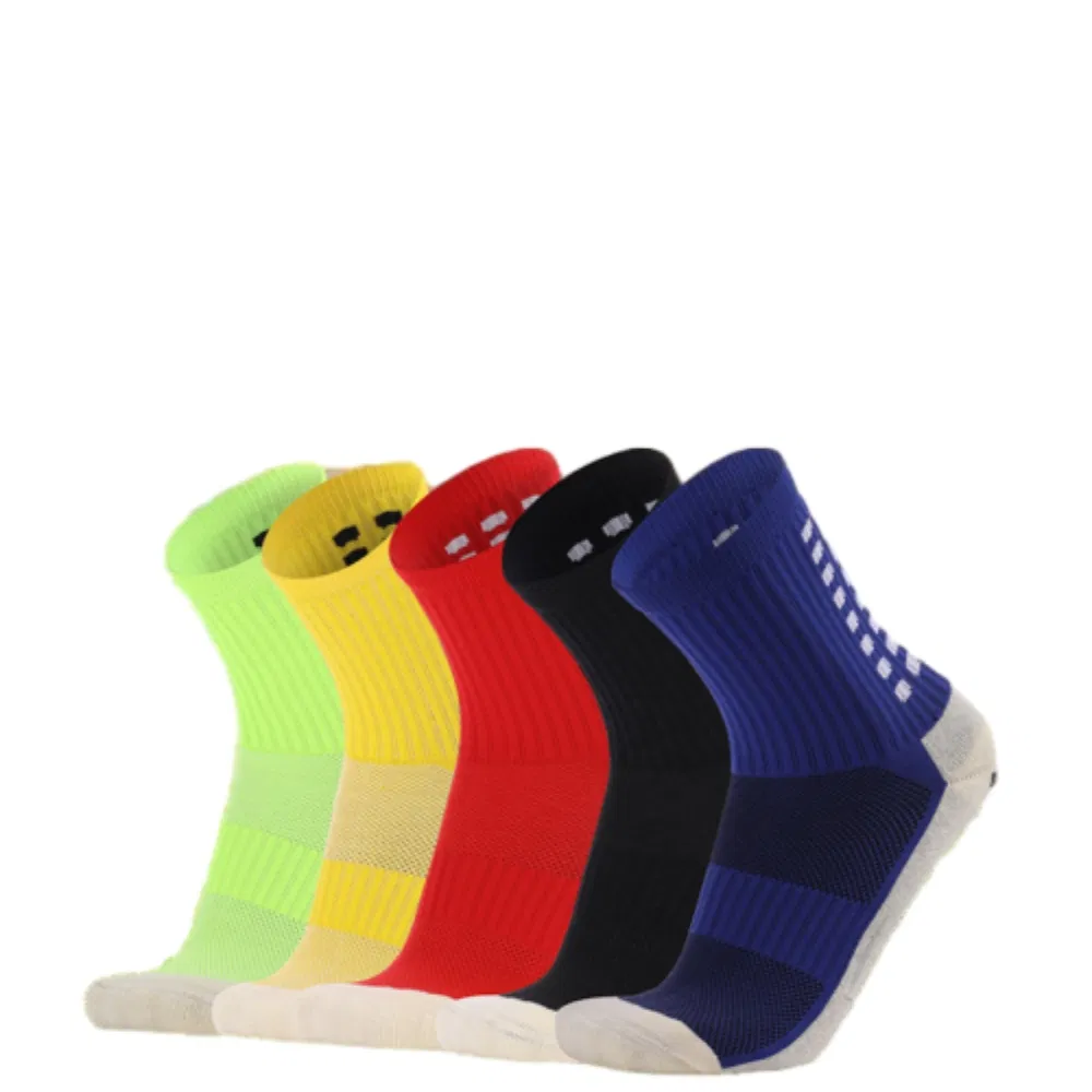 Meias atléticas antiderrapantes de alto desempenho, de venda por atacado, com design azul e branco, para futebol