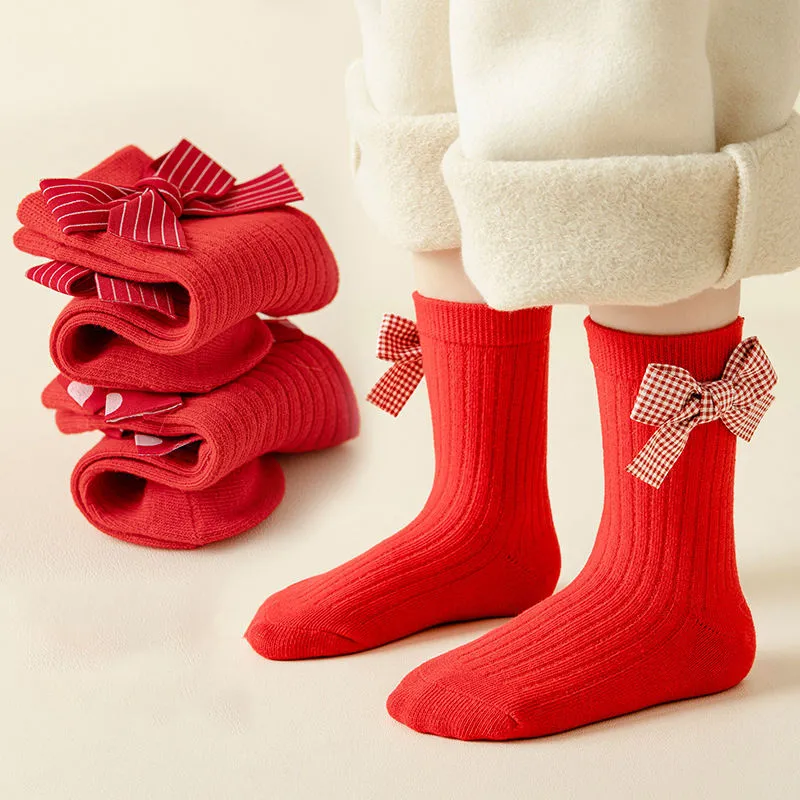 Meias de Natal de Algodão com Laço Vermelho para Crianças