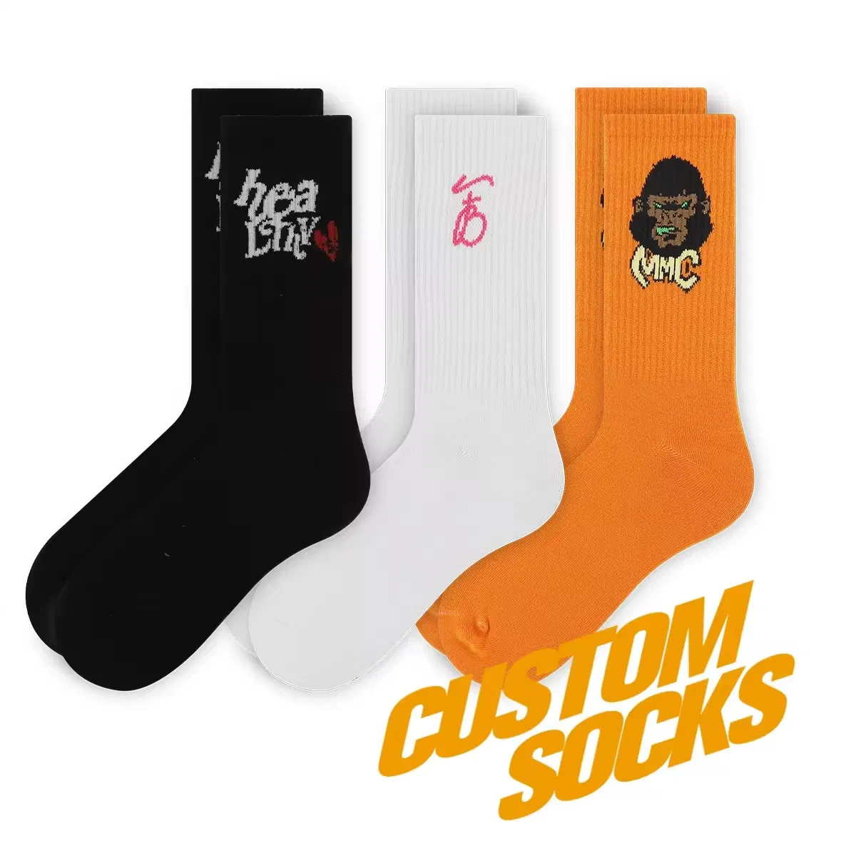 Meia casual unissex de alta qualidade com letras, meia personalizada de cartoon, meia de algodão para homens, meia esportiva de cano médio