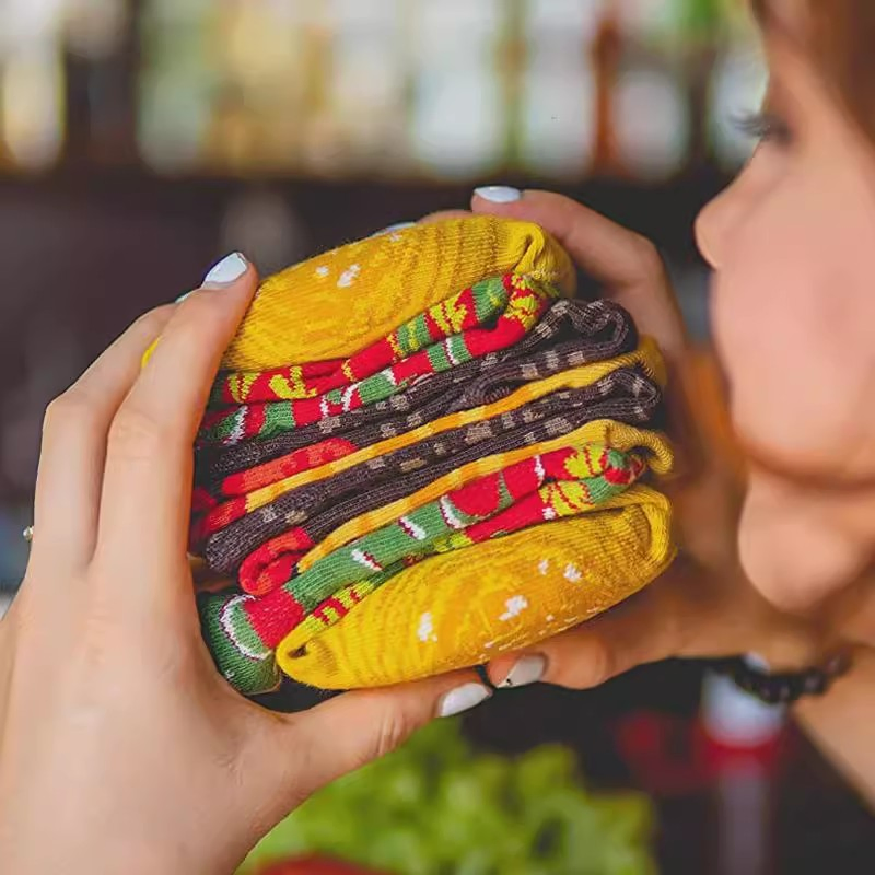 Meias de Algodão Fashion Hamburger em Caixa para Presentes, Meias Casuais para Casal