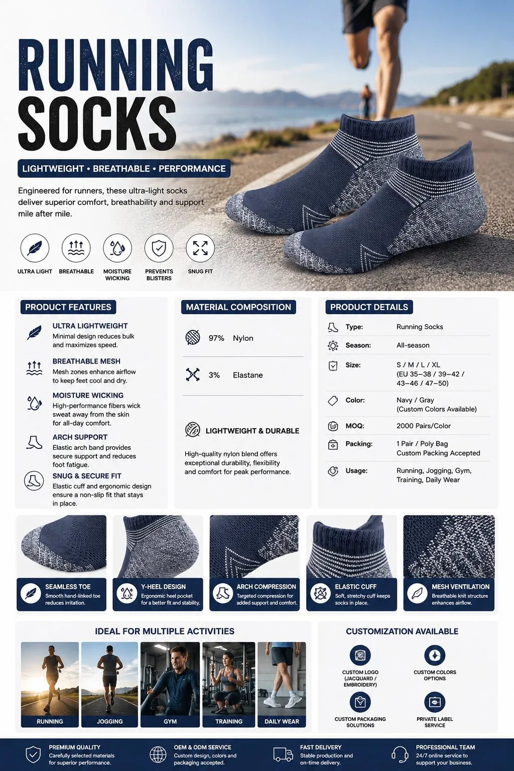 Meias Atletas de Nylon Elástico Alto para Homens e Mulheres