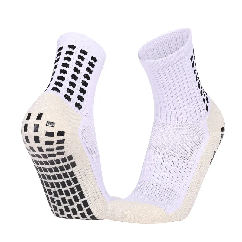 Meias atléticas antiderrapantes de alto desempenho, de venda por atacado, com design azul e branco, para futebol