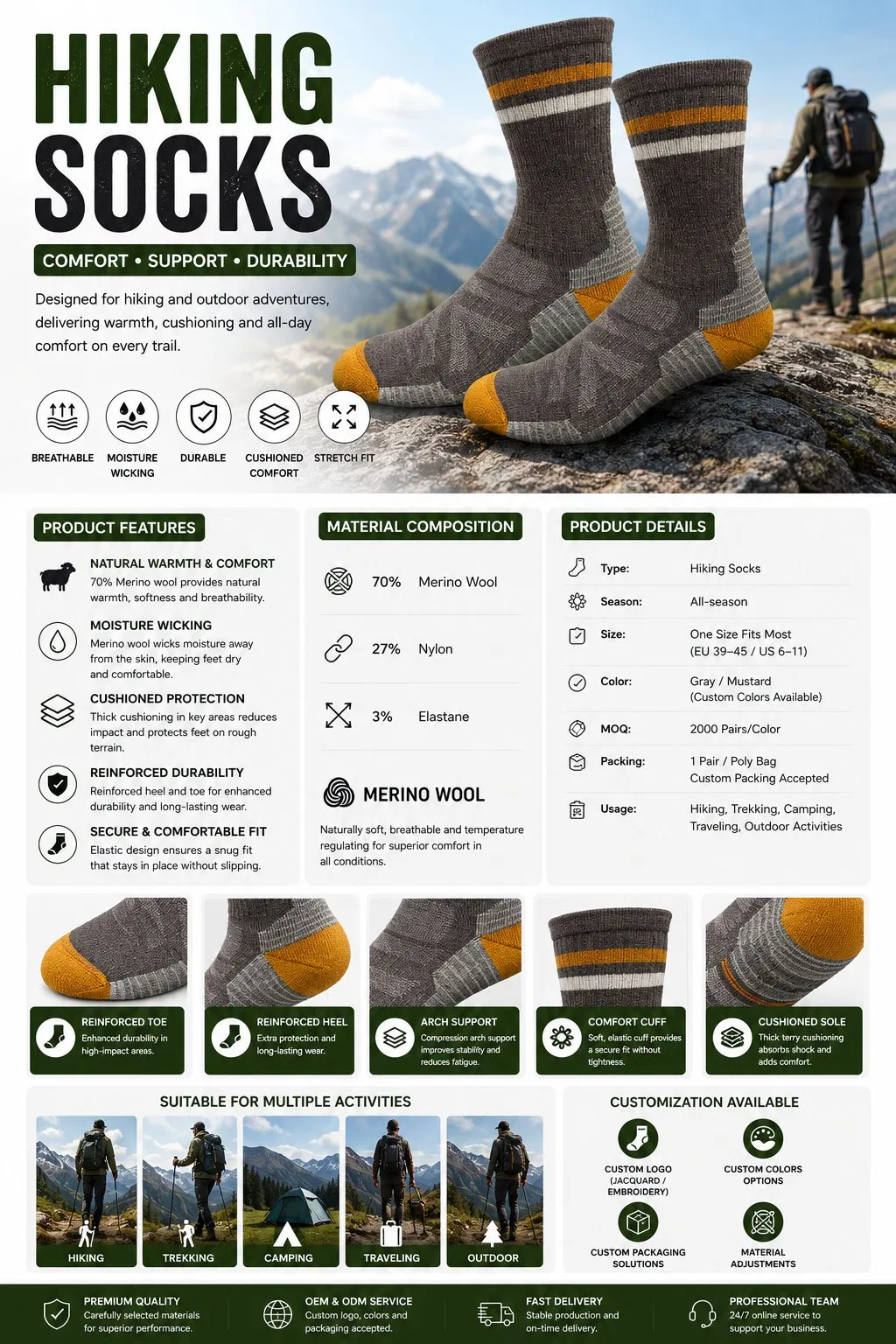 Meias de Caminhada de Mistura de Lã Merino de Alta Proporção Personalizadas, Quentes e com Almofada, Meias para Esportes ao Ar Livre para Homens e Mulheres