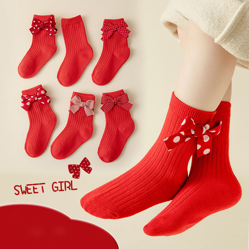 Meias de Natal de Algodão com Laço Vermelho para Crianças
