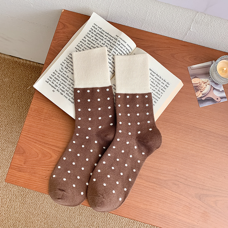 Meias Elegantes com Pequenos Pontos até o Meio da Panturrilha para Mulheres, Outono e Inverno, Novas Meias Personalizadas, Colisão de Cores Diárias, Retro, Estilo Coreano Mori