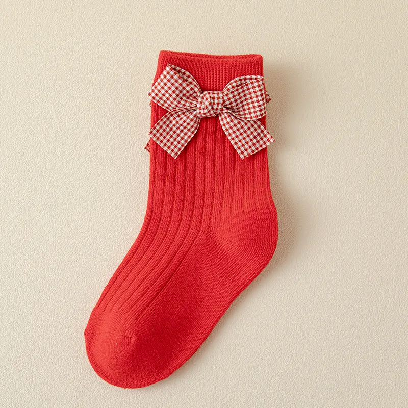 Meias de Natal de Algodão com Laço Vermelho para Crianças