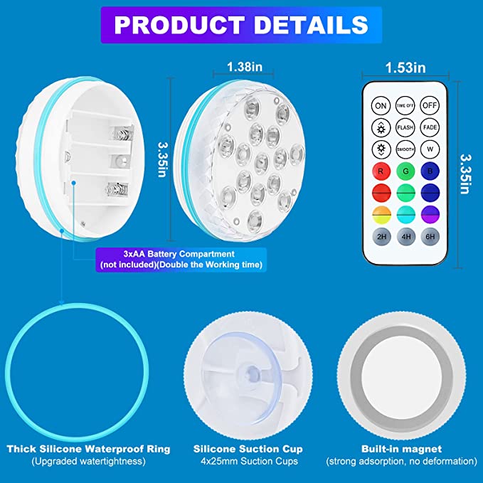 Magnetic Submersible Underwater Light USB Rechargeable Swimming Pool LED Night Lamp With Suction Cups