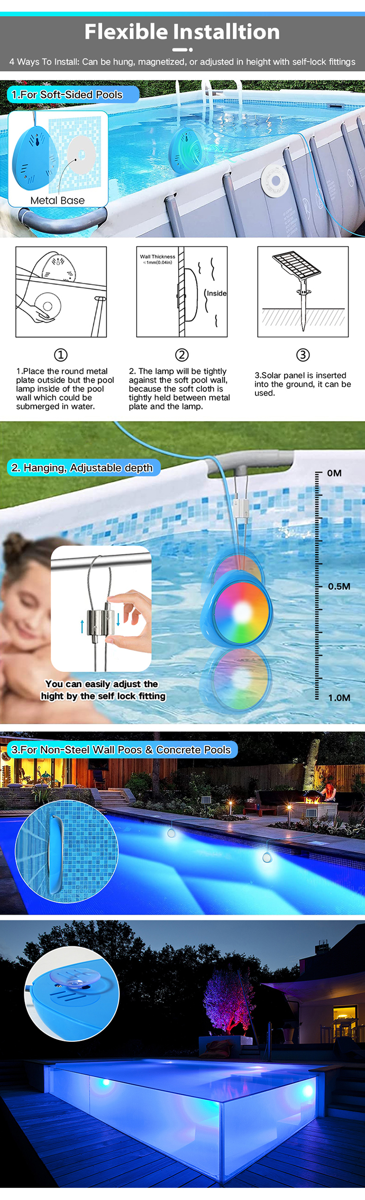 IP68 Waterproof 10W RGB Magnetic Underwater Submersible Above Ground APP Controlled Solar LED Pool Lights