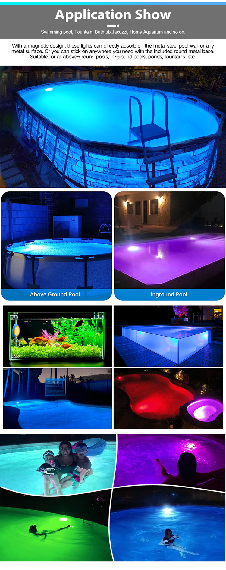 IP68 Waterproof 10W RGB Magnetic Underwater Submersible Above Ground APP Controlled Solar LED Pool Lights