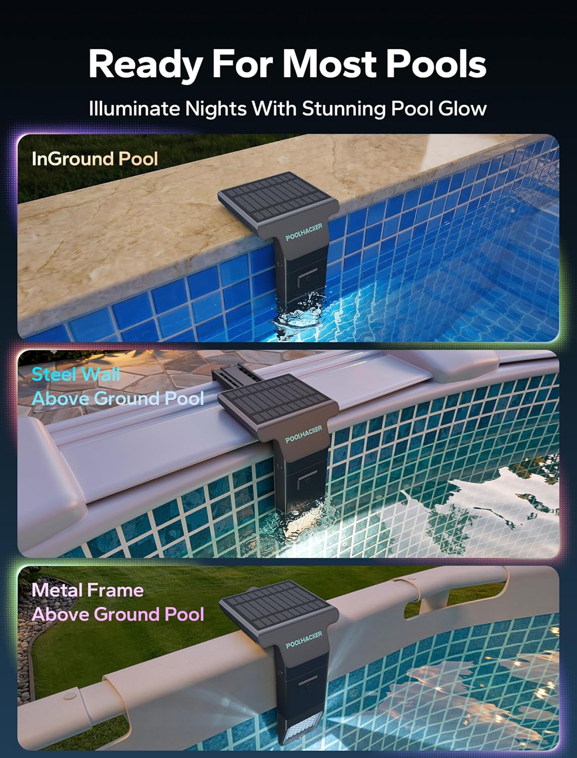 Solar Pool Lights for Inground &amp; Above Ground Pools 10-Color 4-Mode LED Remote Control Timer Waterproof (Black 1 Pack)