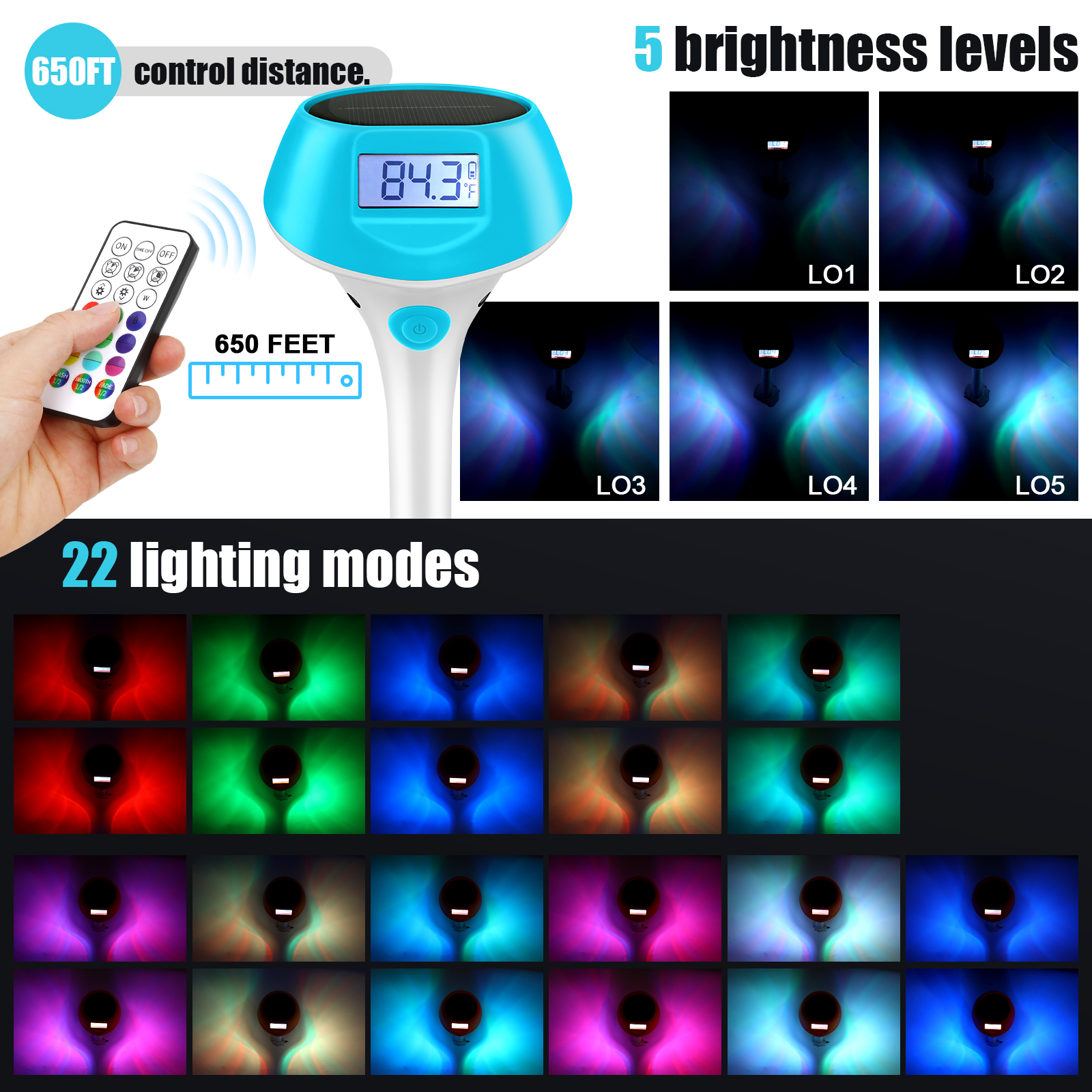 Floating Solar Pool Lights 22-Color 5-Mode IP68 Backlit Display Magnetic Charging Thermometer for Swimming Pool Ponds Tub Spa