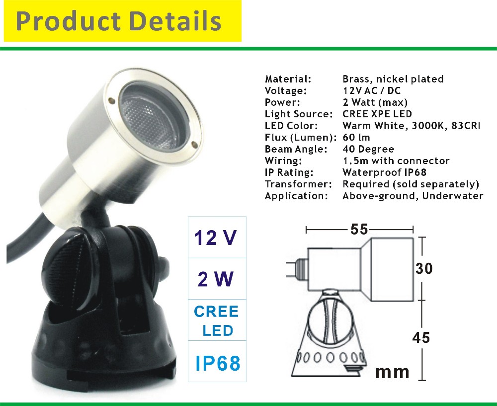 12V Low Voltage Pool & Landscape LED Lights High CRI 80 IP68 Rated Brass Construction 3-Year Warranty