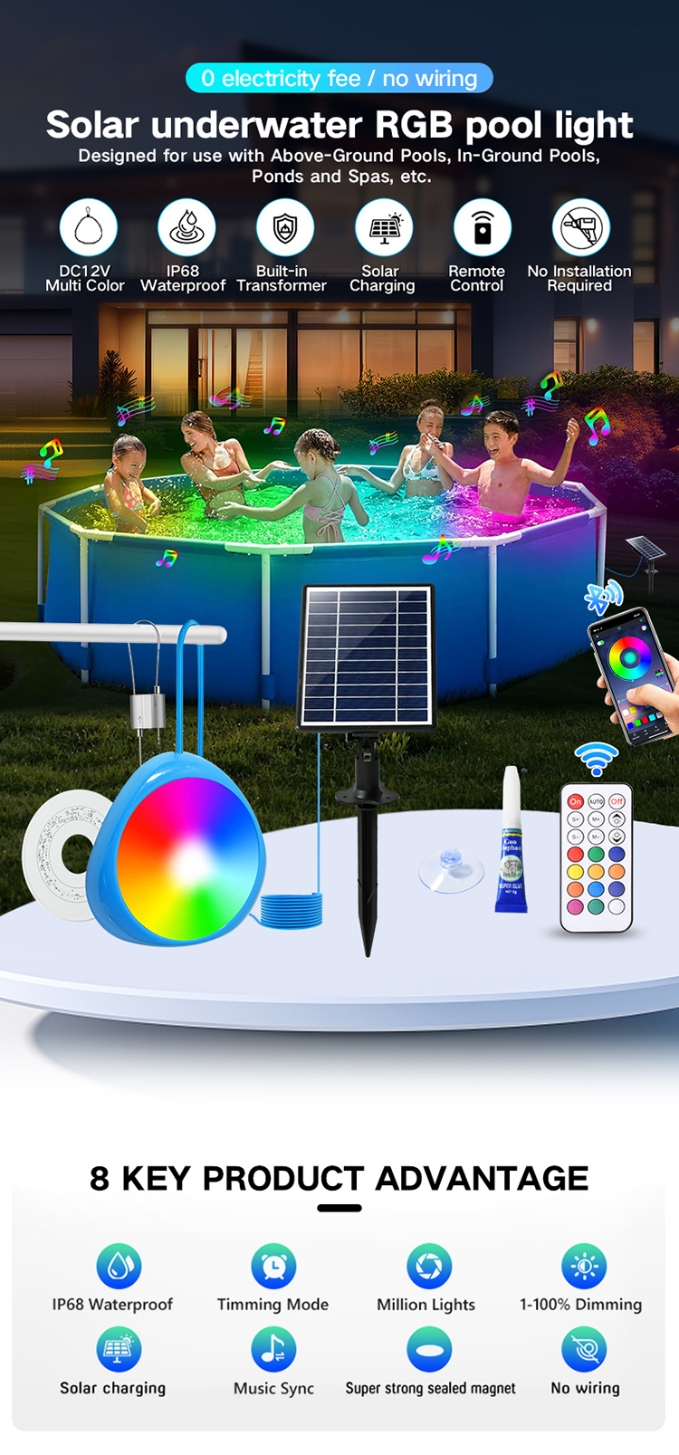 IP68 Waterproof 10W RGB Magnetic Underwater Submersible Above Ground APP Controlled Solar LED Pool Lights