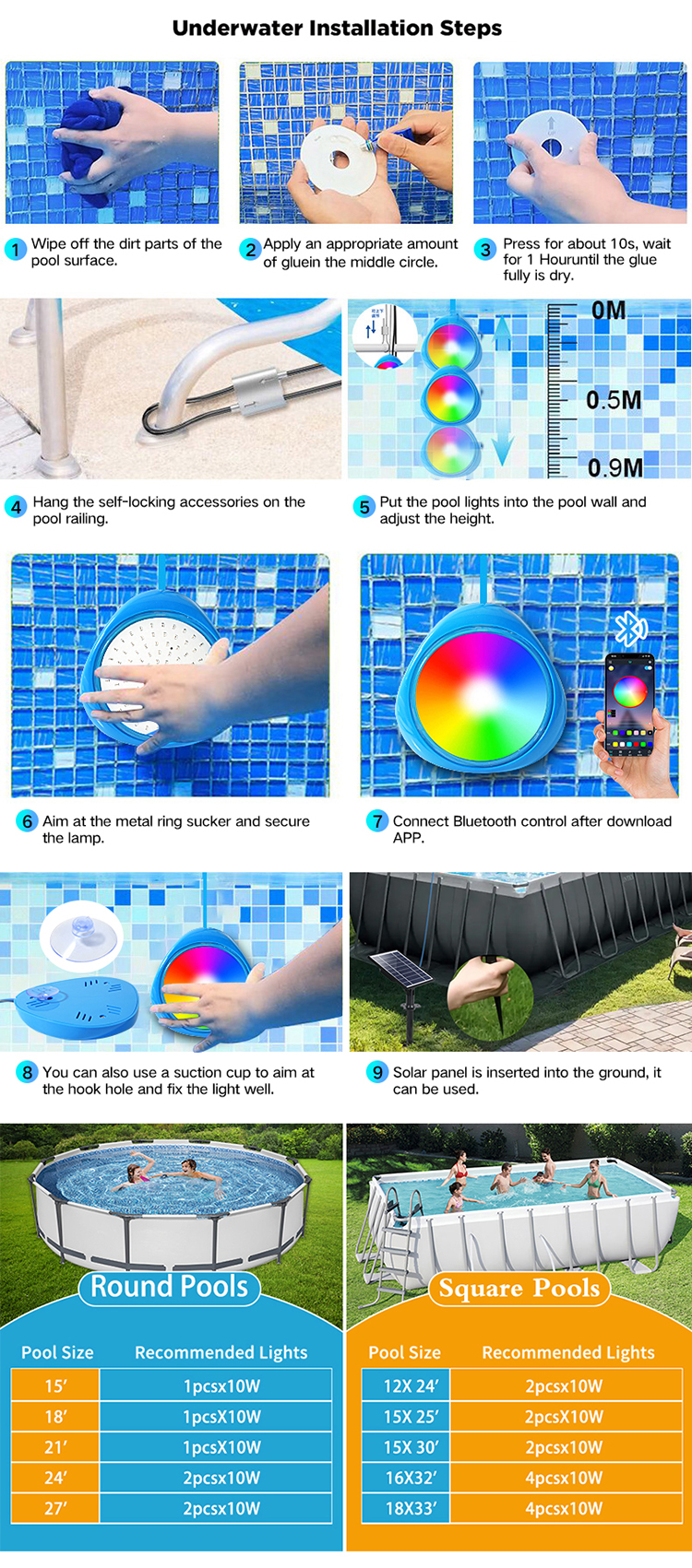 IP68 Waterproof 10W RGB Magnetic Underwater Submersible Above Ground APP Controlled Solar LED Pool Lights