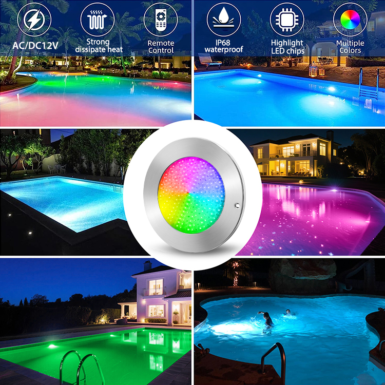 AC12V 10-Inch IP68 Waterproof Stainless Steel LED Underwater Swimming Pool Lights for Inground Pools RGB/RGBW Remote Control