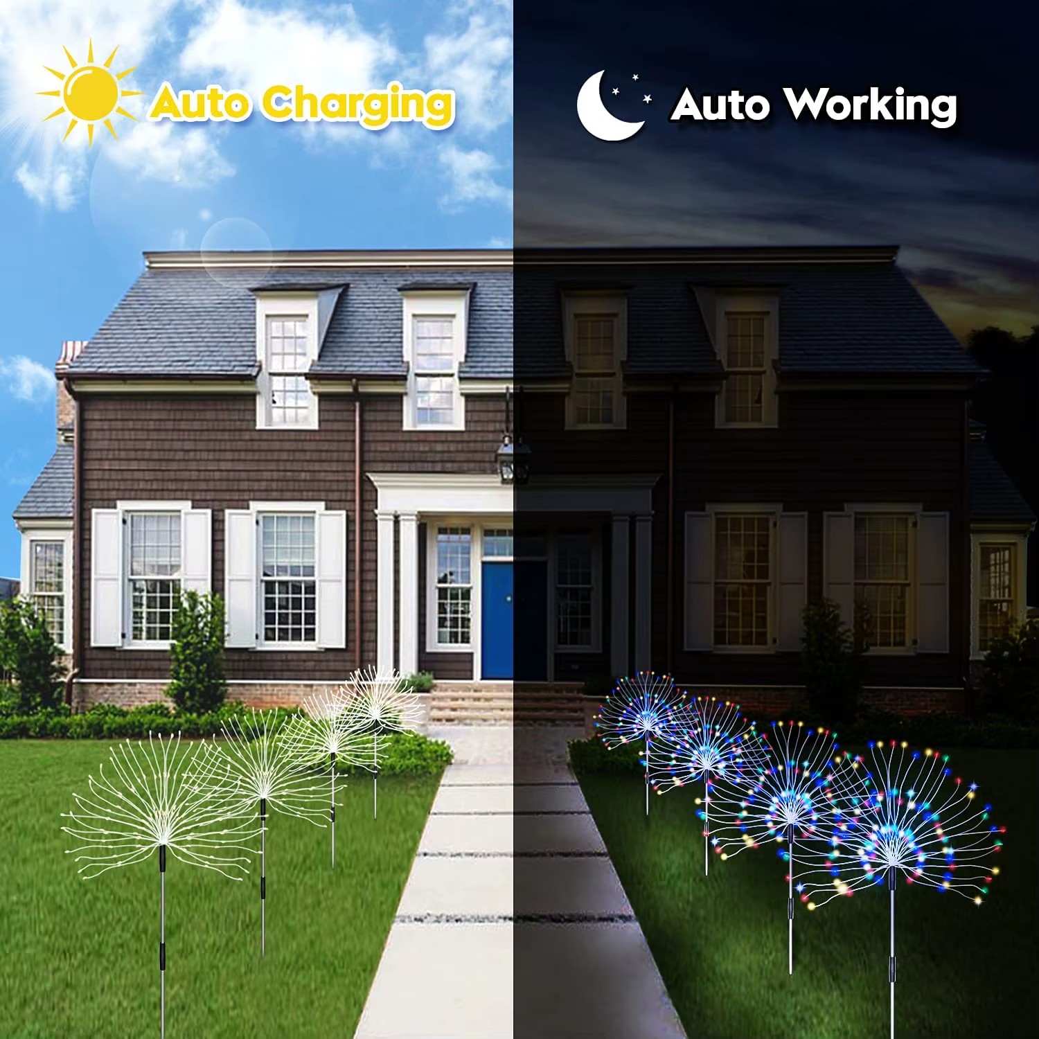 2025 New IP65 Solar LED Firework Waterproof Outdoor Garden Path Flood Light Solar Panel For Lawn Fence Railing 3500K Warm White