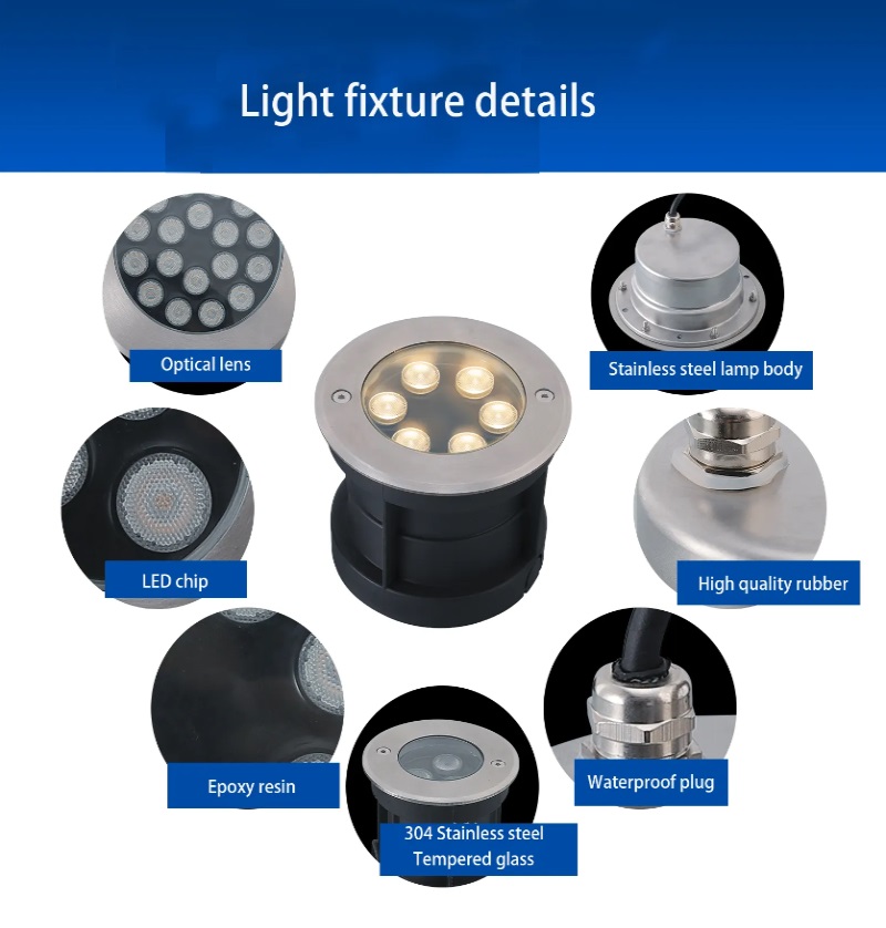 Outdoor Waterproof IP68 Recessed Swimming Pool Light Fountain 1-24W Stainless Steel Low Voltage 24VDC Underwater Ground LED