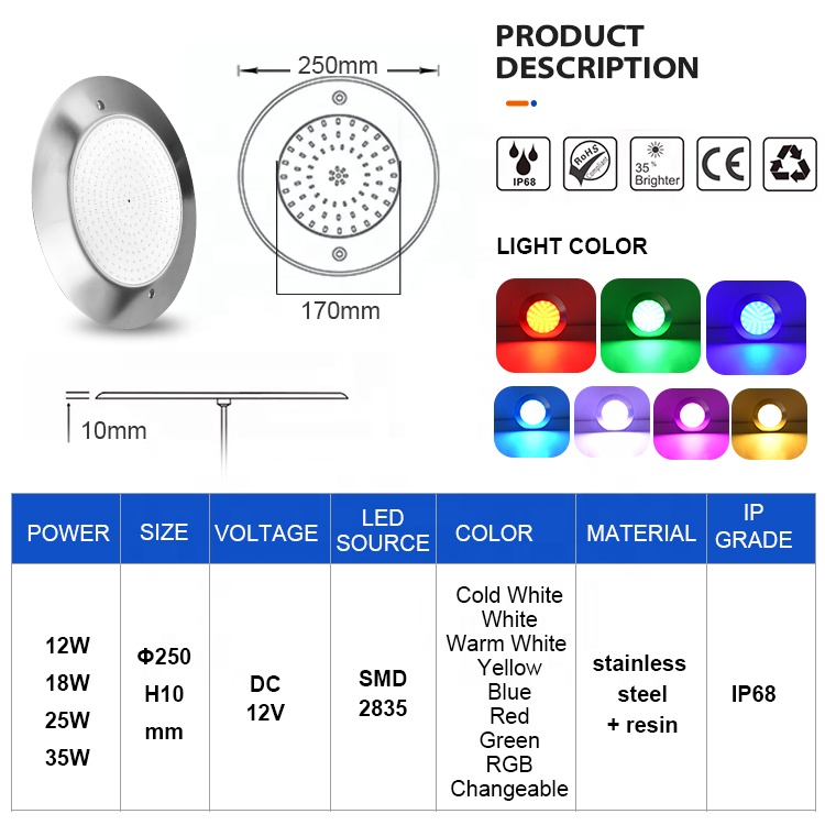 10Mm Resin Filled Led Pool Lamp DC12V Low Voltage Rgb Smart App Wifi Music Controlled Kit Stainless Steel Inground Pool Light