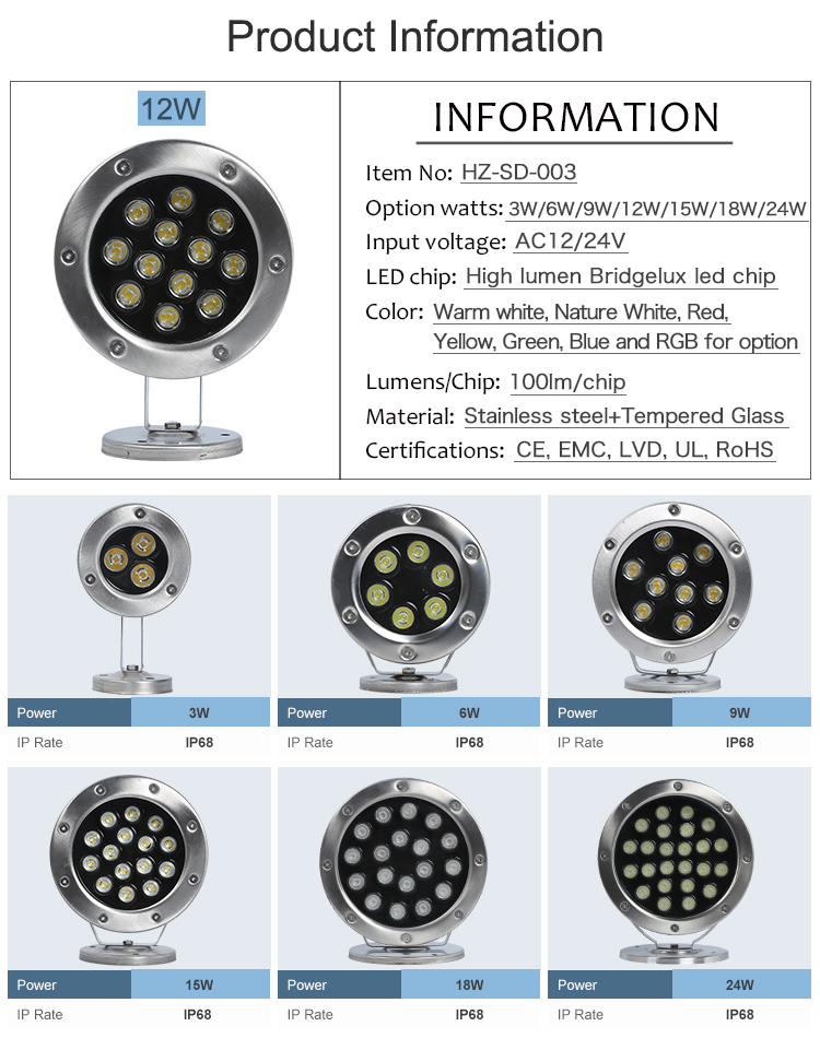 Outdoor Waterproof IP68 Stainless Steel RGB LED Pool Lights