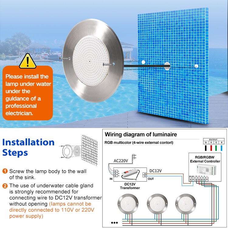 12V Ultrathin Ip68 316 Stainless Steel Anti Salty Water Spa Wall Mounted Led Rgb Rgbw Swimming Pool Lighting Underwater Lamp