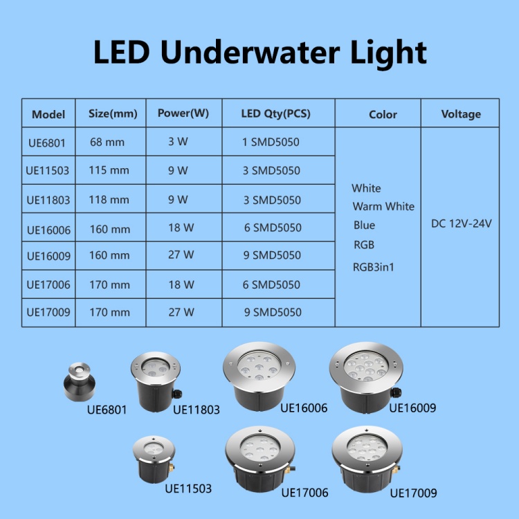 12V 9W LED Colorful Embedded Underground Pool Light 316 Stainless Steel IP68 Waterproof 2-Year Warranty 50000 Hours Lifespan