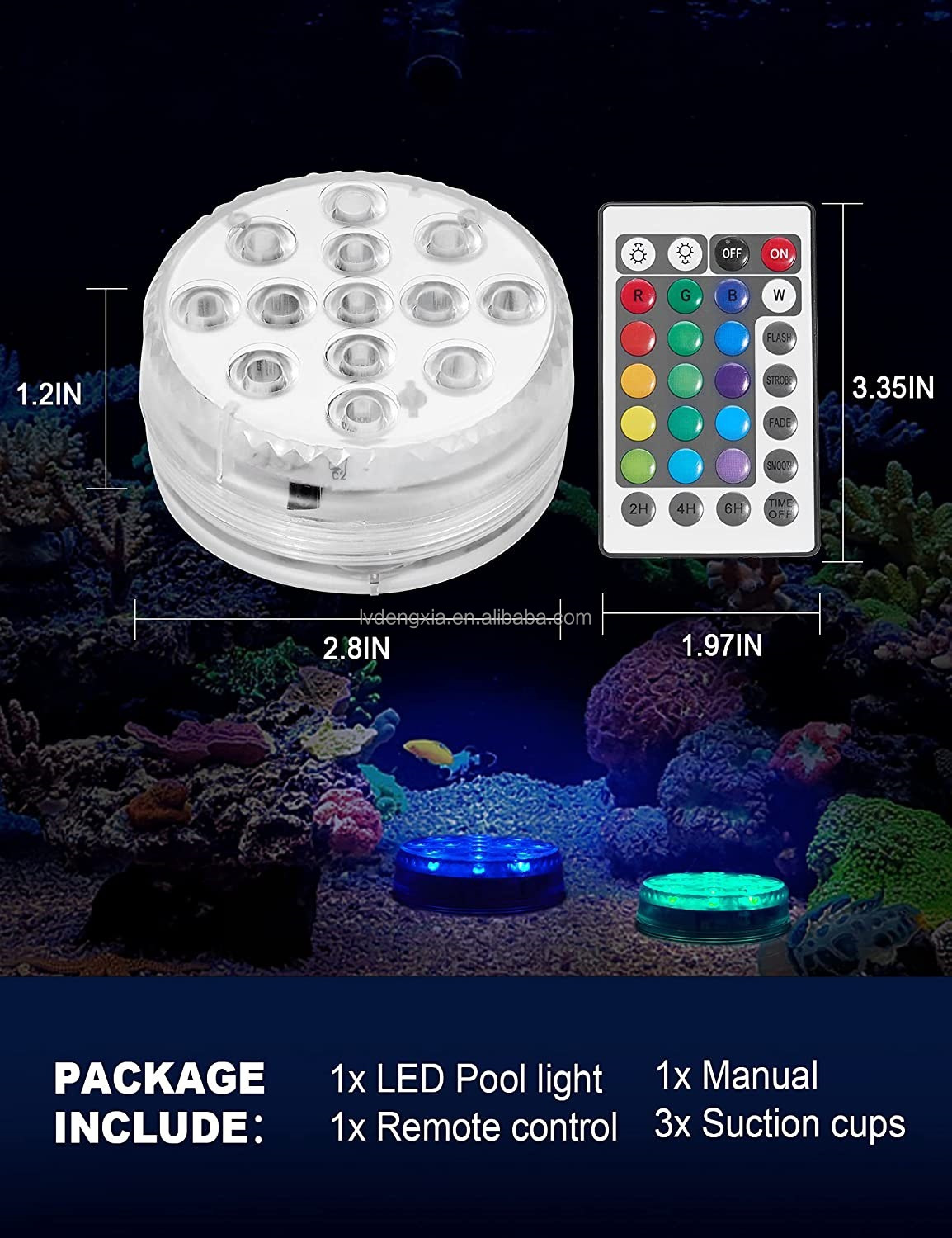 13LEDs RGB IP68 Battery Operated Waterproof Pool Lights Pond Submersible Lamp with Magnet for Fish Tank, Home Decorations