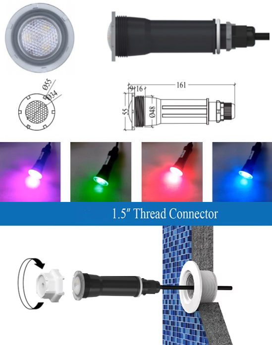 18W RGB LED Spa Bulb AC12V / DC12V Nicheless Recessed Fitting Replacement Underwater Tub Lamp Swimming Pool Light D55mm 3000K