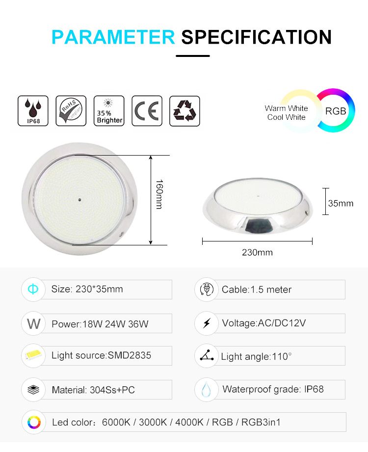 Wholesale IP68 LED Outdoor Full Color Swimming Pool Lights 304 Stainless Steel Underwater E27 Lights for Square Community Parks