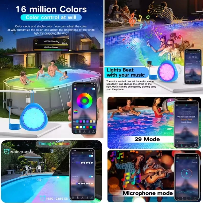 High Quality Magnetic RGB App Control &amp; Remote Control Underwater Lighting 10W/20W IP68 Color Changing LED Swimming Pool Light