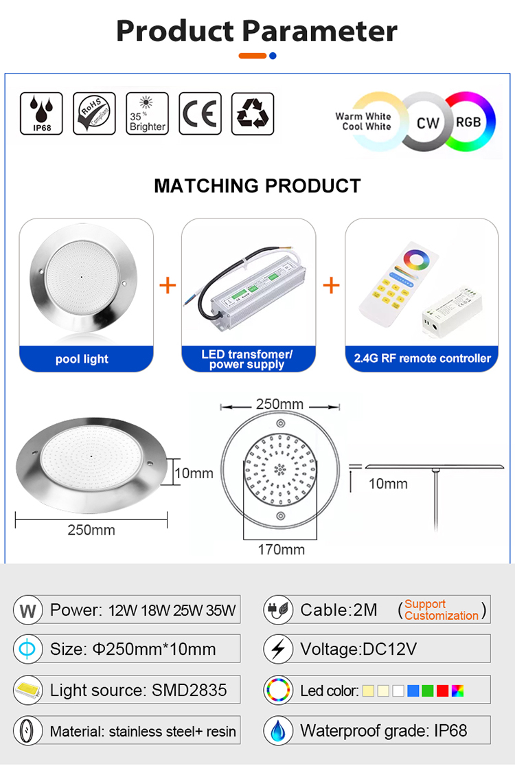 DC 12V Ip68 Waterproof 4 Wire RGB RGBW Stainless Steel Resin Filled Underwater Swimming Pool Led Light Low Voltage