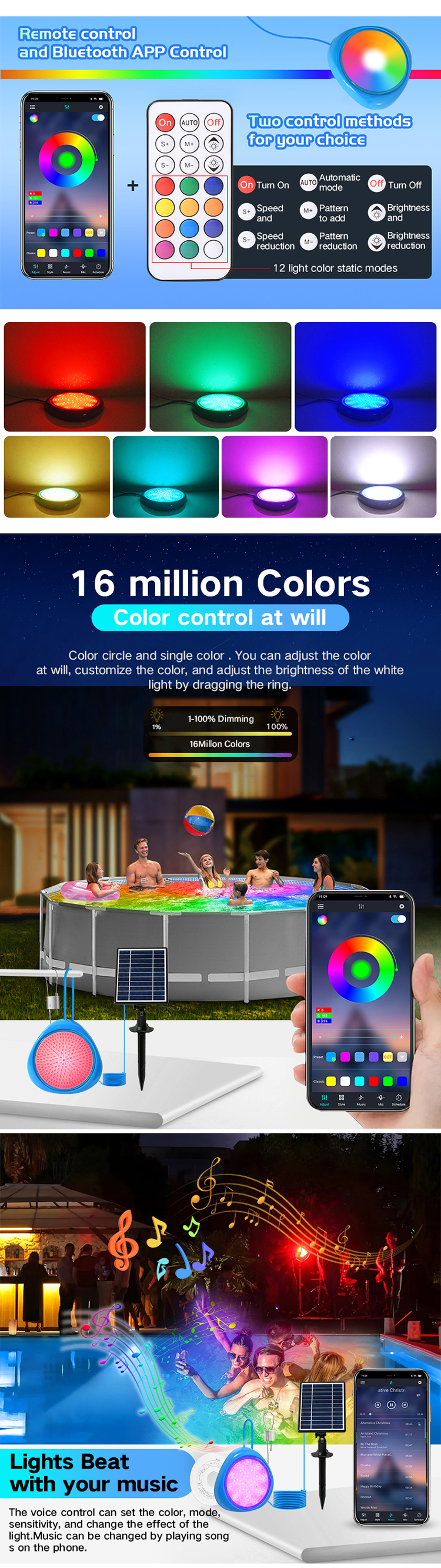 IP68 Waterproof 10W RGB Magnetic Underwater Submersible Above Ground APP Controlled Solar LED Pool Lights