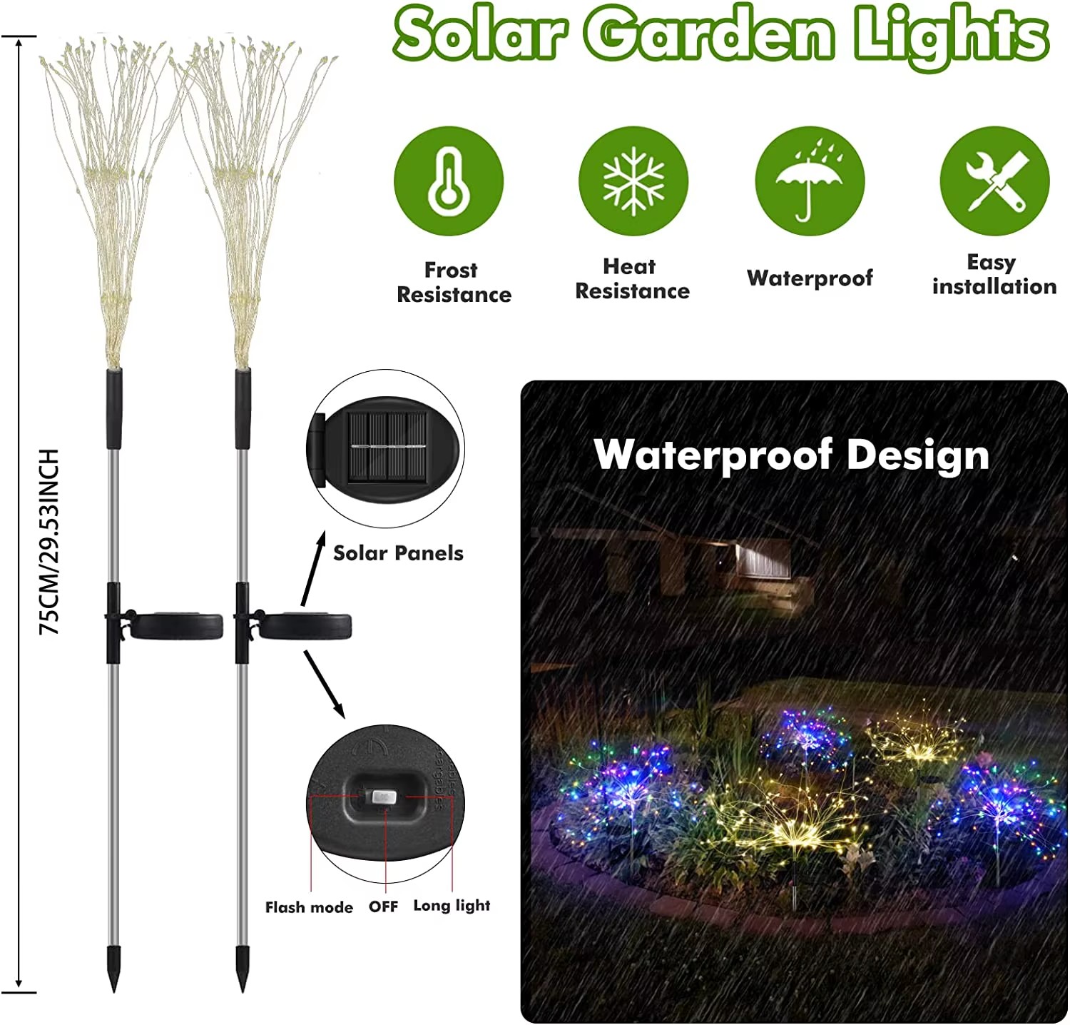 2025 New IP65 Solar LED Firework Waterproof Outdoor Garden Path Flood Light Solar Panel For Lawn Fence Railing 3500K Warm White