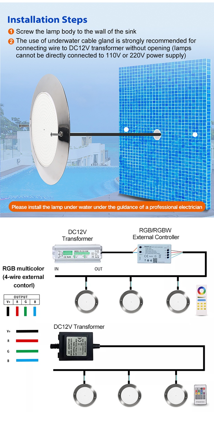 DC 12V Ip68 Waterproof 4 Wire RGB RGBW Stainless Steel Resin Filled Underwater Swimming Pool Led Light Low Voltage