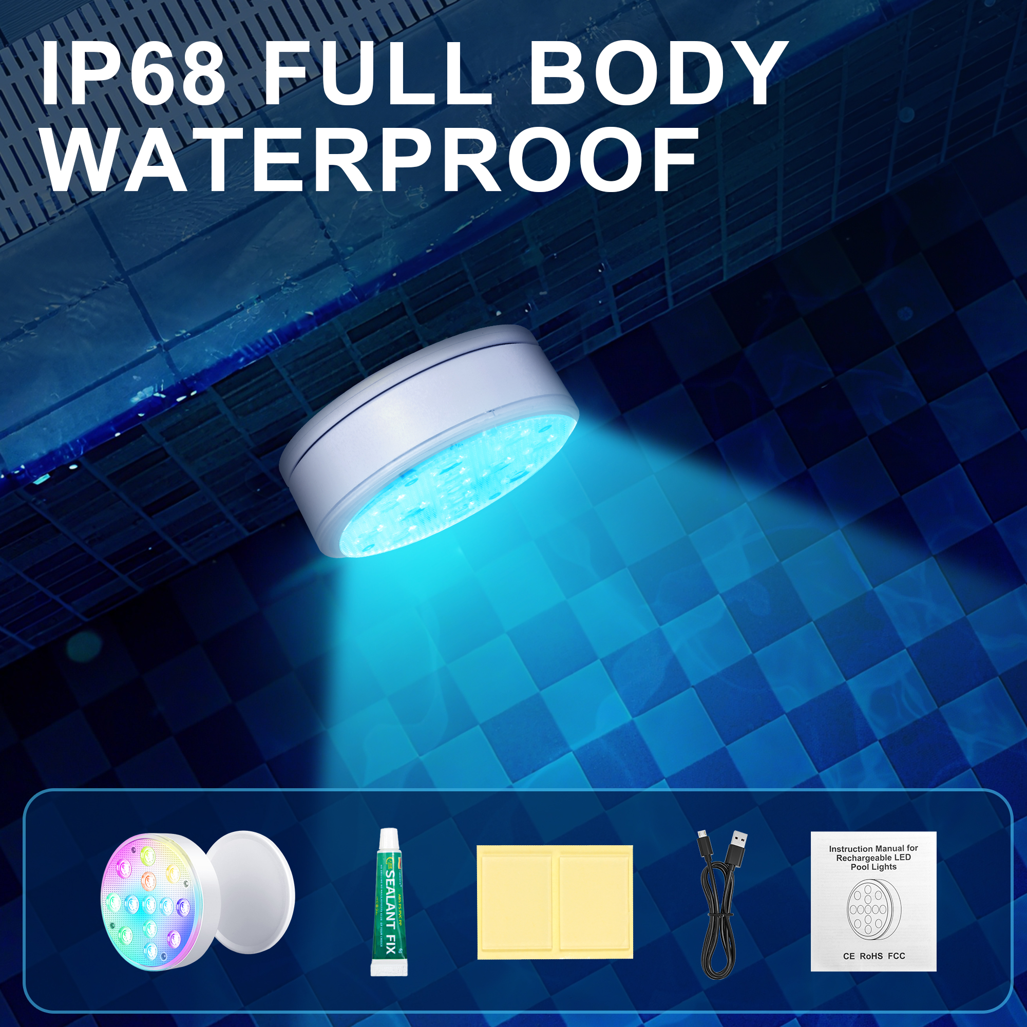 13 LEDs Rechargeable Pool Lights With Remote IP68 Submersible LED Light 16 Color Changing Swimming Pool Light with Magnets