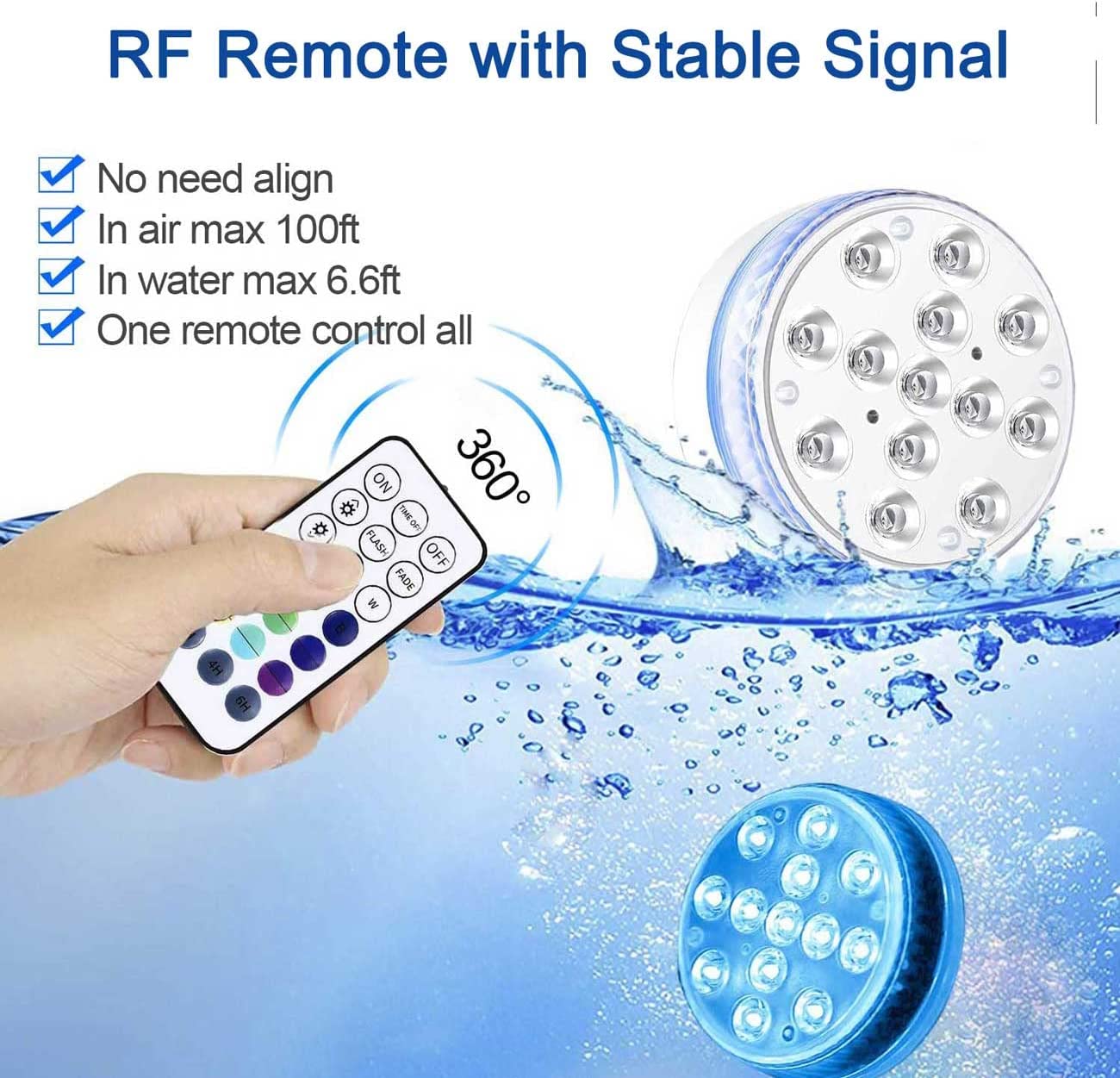 Submersible LED Light Waterproof IP68 RGB Underwater Pool Light with RF Remote 13 Bead Suction Cup Battery Operated Shower Light